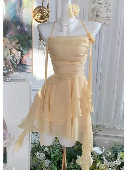 Flowy A Line Halter Layered Yellow Chiffon Open Back Short Homecoming Dress Cocktail Dress SH3174