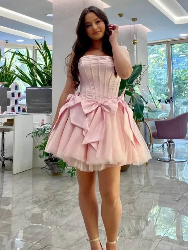 Princess A Line Strapless Pink Corset Homecoming Dress with Bowknot SH7750