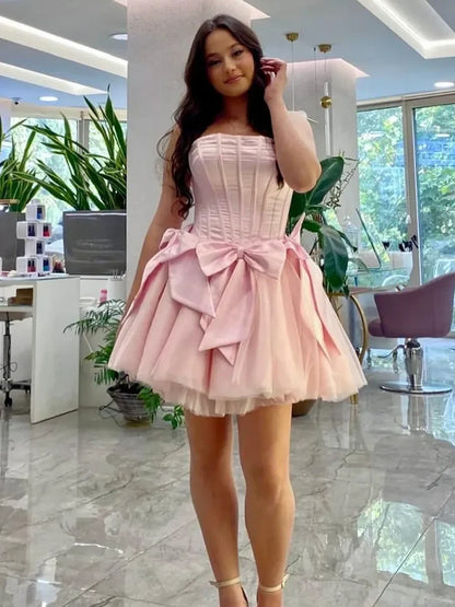 Princess A Line Strapless Pink Corset Homecoming Dress with Bowknot SH7750