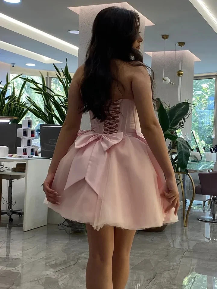 Princess A Line Strapless Pink Corset Homecoming Dress with Bowknot SH7750