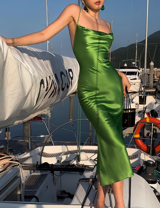 Simple Green Sheath Spaghetti Strap Satin Open Back Prom Dress Party Dress SH4027