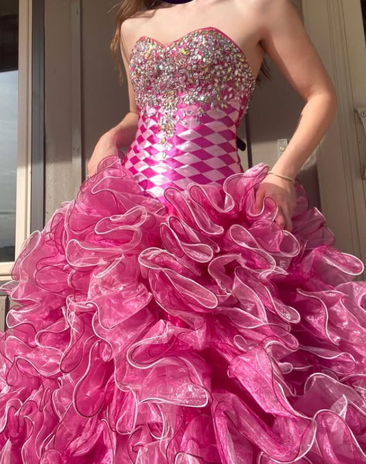 Vintage Uniques Beaded Ball Gown Layered Pink Organza Prom Dress Evening Dress SH5904