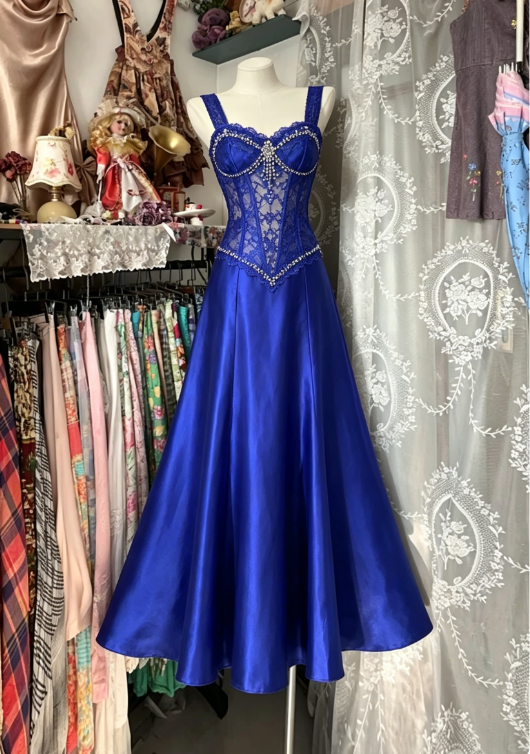 Vintage Royal Blue A Line Straps Beaded Lace Satin Prom Dress Evening Dress Date Dress SH5850