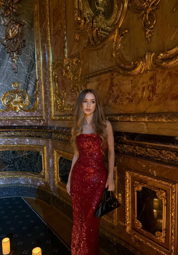 Sexy Red Shiny Sheath Strapless Sequin Long Prom Dress Wedding Guest Dress SH5410
