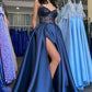 Pretty A Line Spaghetti Strap Sequin Navy Blue Satin Long Party Dress Wedding Guest Dress with Slit SH2922