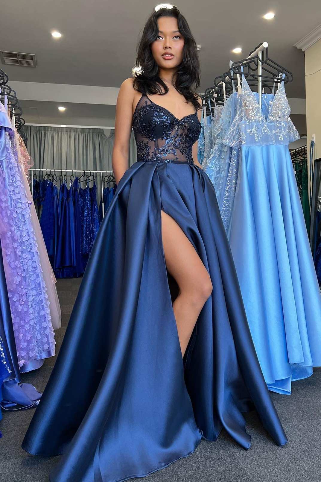 Pretty A Line Spaghetti Strap Sequin Navy Blue Satin Long Party Dress Wedding Guest Dress with Slit SH2922