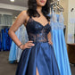 Pretty A Line Spaghetti Strap Sequin Navy Blue Satin Long Party Dress Wedding Guest Dress with Slit SH2922