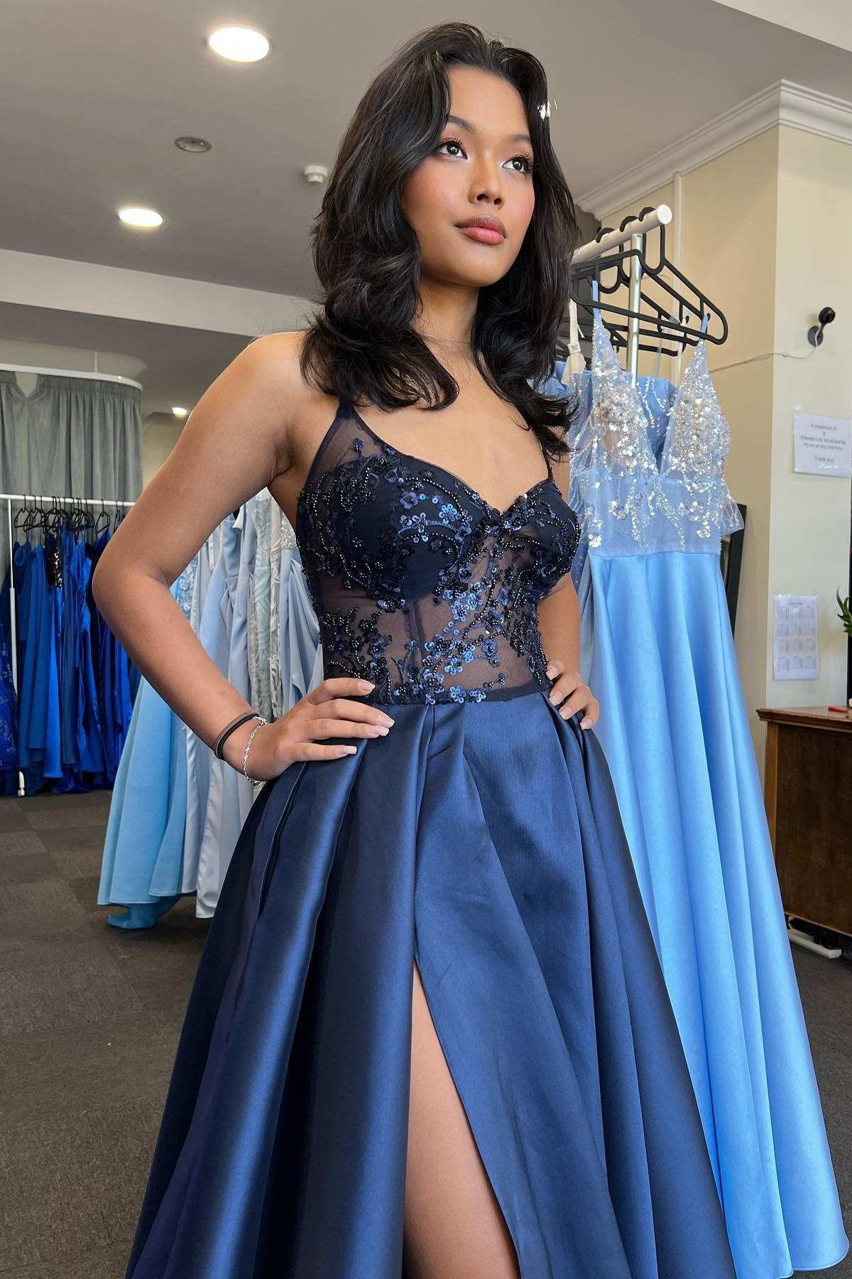 Pretty A Line Spaghetti Strap Sequin Navy Blue Satin Long Party Dress Wedding Guest Dress with Slit SH2922