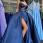 Pretty A Line Spaghetti Strap Sequin Navy Blue Satin Long Party Dress Wedding Guest Dress with Slit SH2922