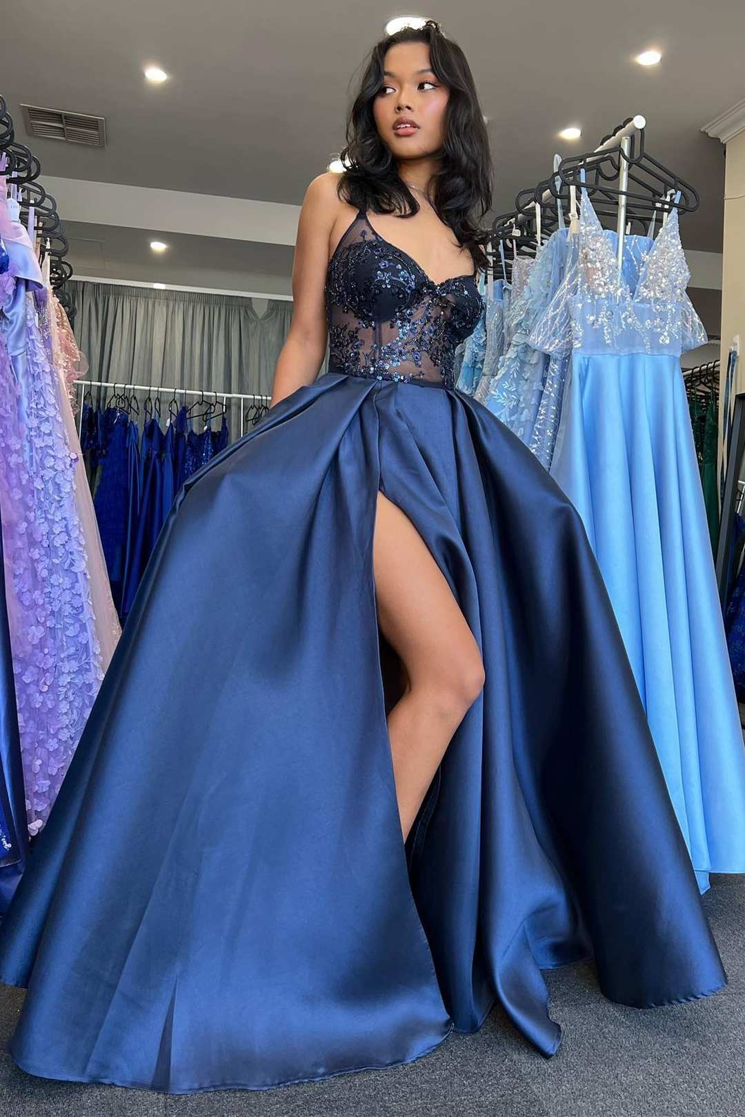 Pretty A Line Spaghetti Strap Sequin Navy Blue Satin Long Party Dress Wedding Guest Dress with Slit SH2922