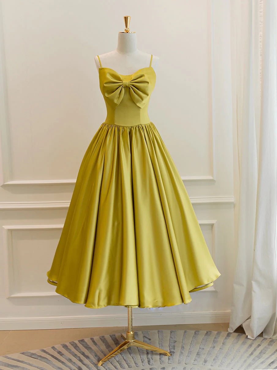 Simple Spaghetti Strap Bow Yellow Satin Tea Length Homecoming Dress SH1742