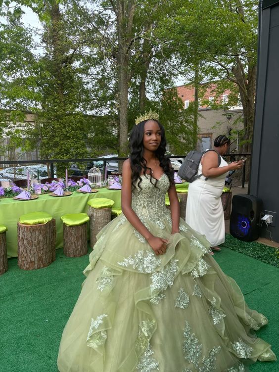 Green Tulle Lace Applique Long Prom Dress Quinceanera Dress Ball Gown SH5182