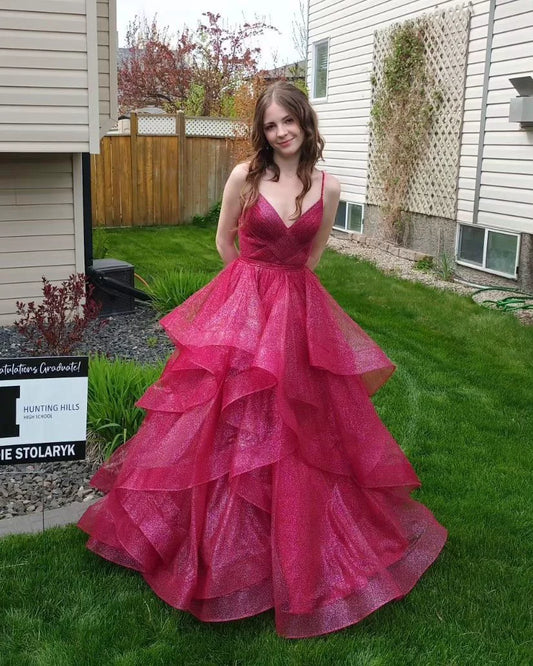 Shiny Pink A Line Straps Layered Organza Prom Dress SH5521