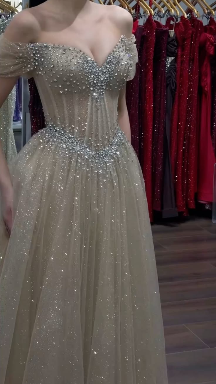 Champagne A Line Off the Shoulder Shiny Beaded Tulle Long Prom Dress Evening Dress SH8865