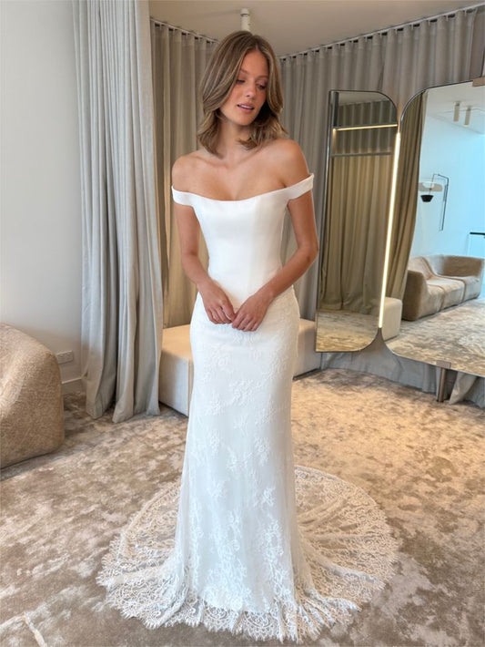 White Mermaid Off the Shoulder Corset Lace Satin Long Wedding Dress SH8714