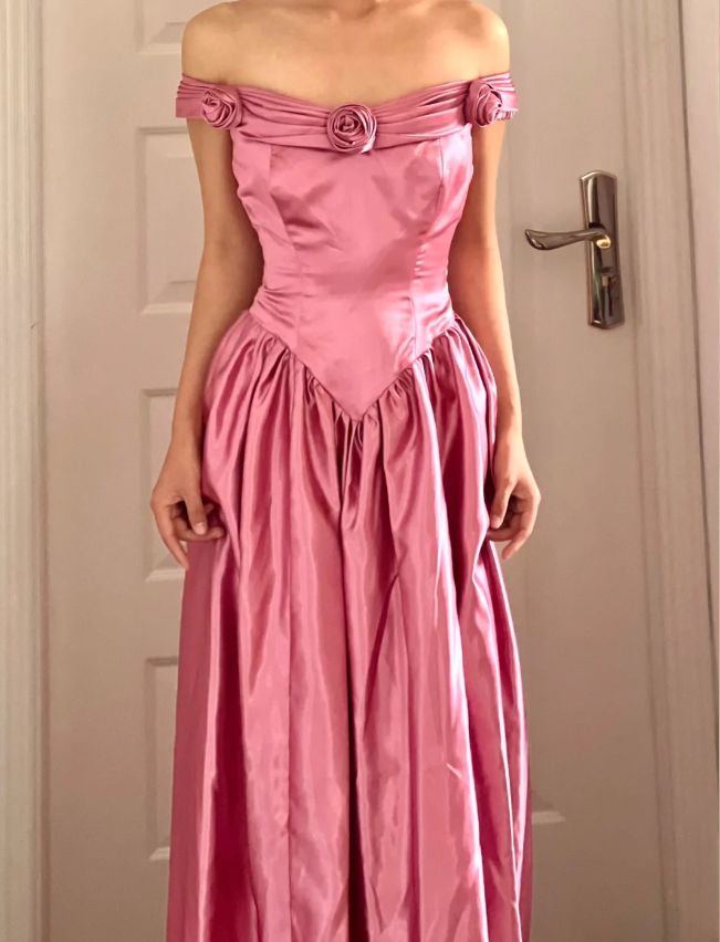 Vintage Pink 3D Floral A Line Off the Shoulder Satin Long Prom Dress Evening Dress SH6901