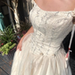 Retro A Line Off the Shoulder Beaded Light Apricot Satin Tulle Wedding Dress SH5945