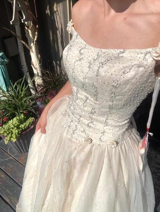 Retro A Line Off the Shoulder Beaded Light Apricot Satin Tulle Wedding Dress SH5945