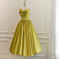 Simple Spaghetti Strap Bow Yellow Satin Tea Length Homecoming Dress SH1742