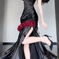 Burgundy Mermaid One Shoulder Beaded Rose Satin Long Prom Dress Party Dress SH5022