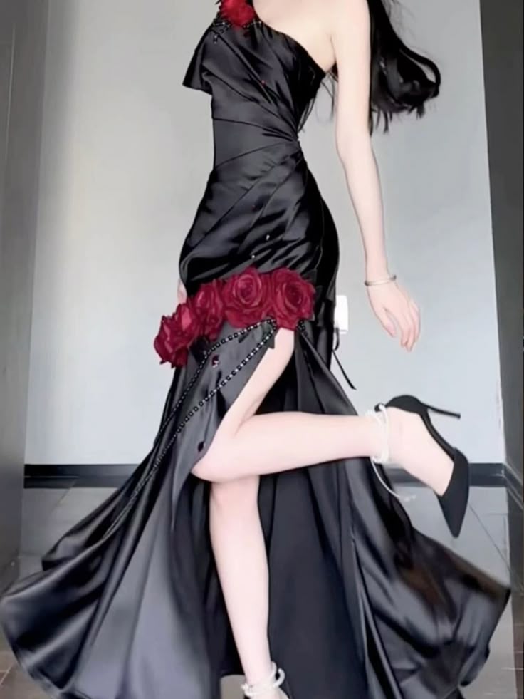 Burgundy Mermaid One Shoulder Beaded Rose Satin Long Prom Dress Party Dress SH5022