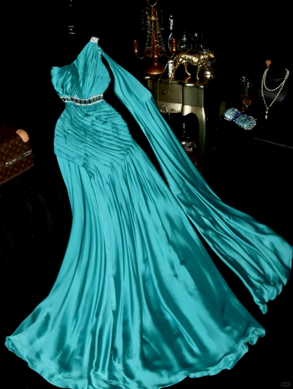 Lake Blue Mermaid One Shoulder Beaded Pleated Satin Prom Dress Party Evening Dress SH5996