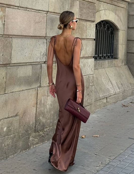 Simple Brown A Line Spaghetti Strap Satin Open Back Prom Dress Wedding Guest Dress SH4448