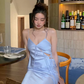Two Piece Light Purple Sheath Spaghetti Strap Satin Long Prom Dress Evening Dress SH8808