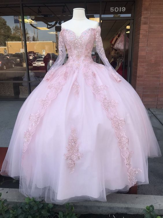 Pink Off The Shoulder Long Sleeves Wedding Dress Beautiful Ball Gown Quinceanera Dress SH1064