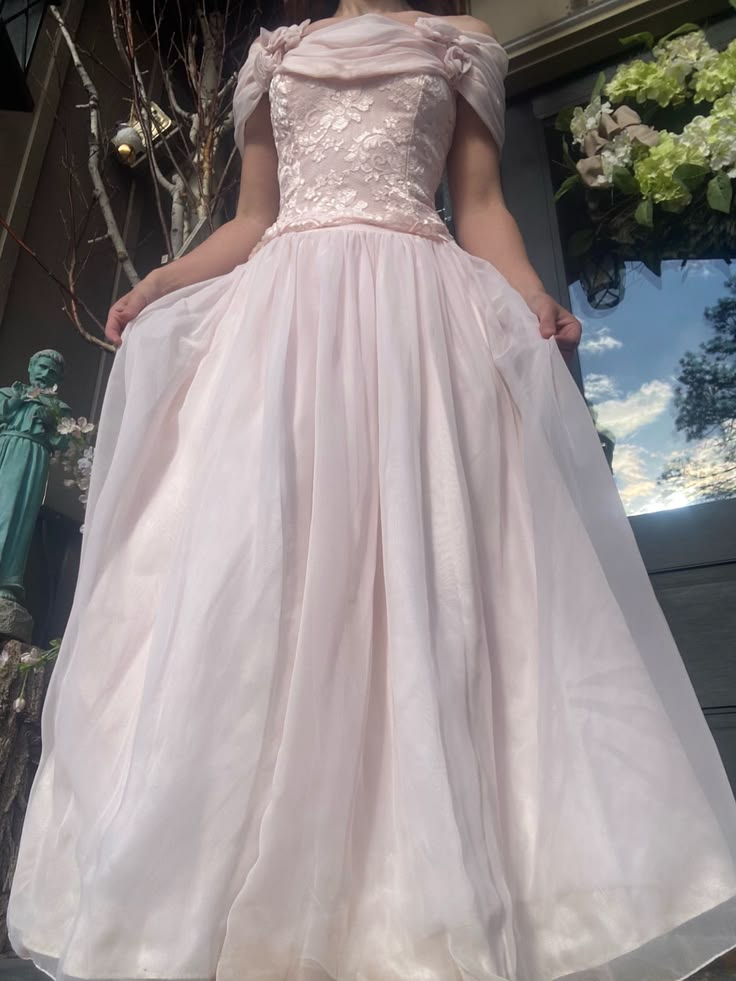 Retro Light Pink A Line Off the Shoulder Lace Chiffon Prom Dress Evening Dress SH5919