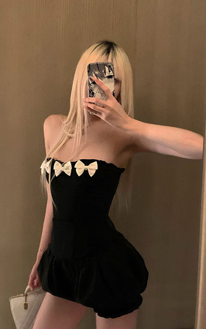 Cute A Line Strapless Black Satin Mini Homecoming Dress with White Bow SH3265