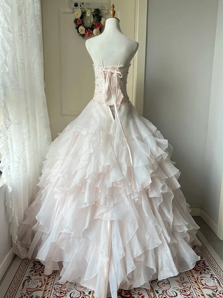 Princess A Line Sweetheart Neck Rhinestone Tiered Light Pink Tulle Party Dress Birthday Dress SH2885