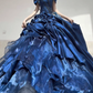 Dark Blue Ball Gown Off the Shoulder Beaded Organza Satin Graduation Ball Gown 18th Birthday Dress SH4986