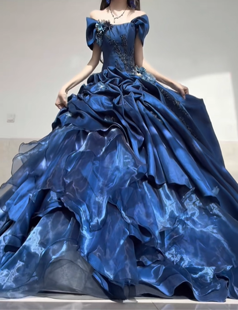 Dark Blue Ball Gown Off the Shoulder Beaded Organza Satin Graduation Ball Gown 18th Birthday Dress SH4986