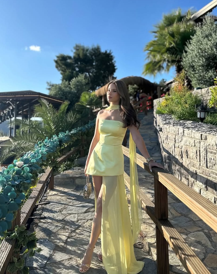 Yellow A Line Strapless Chiffon Satin Prom Dress Wedding Guest Dress with Slit SH4743