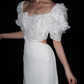 Cute Puff Sleeve A Line White Lace Satin Long Wedding Dress SH5978