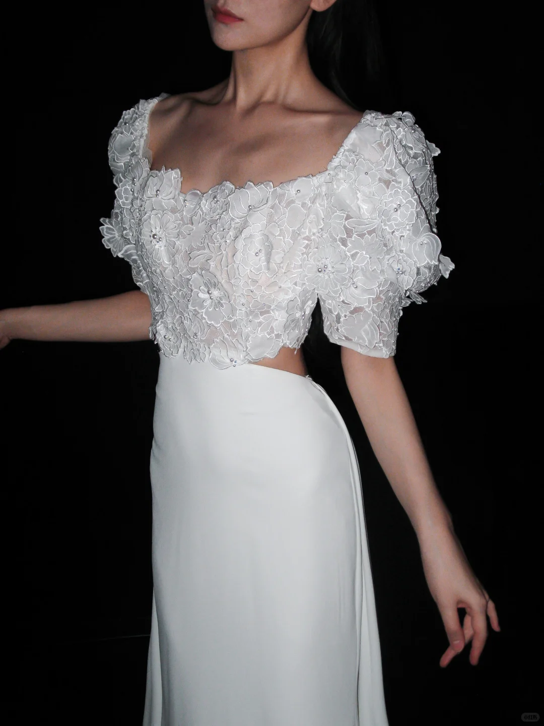 Cute Puff Sleeve A Line White Lace Satin Long Wedding Dress SH5978