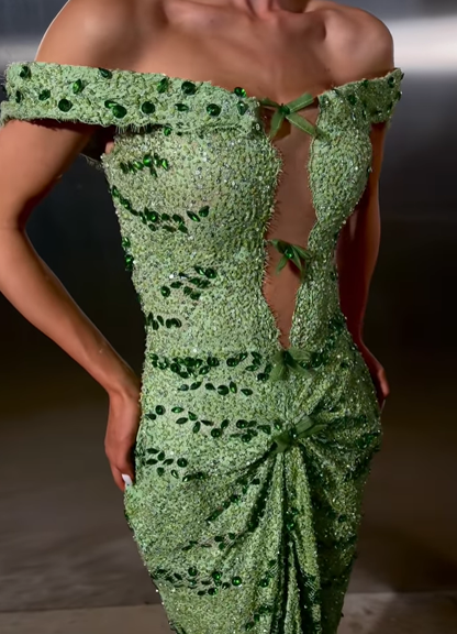 Stunning Green Sheath Off the Shoulder Rhinestone Lace Prom Dress Evening Dress SH6550