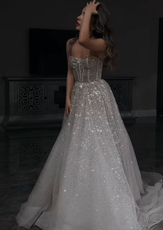 Shiny Silver Sequin A Line Sweetheart Neck Corset Tulle Prom Dress Evening Dress SH6328