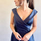 Simple Navy Blue A Line V Neck Satin Long Prom Dress Evening Dress with Slit SH8224