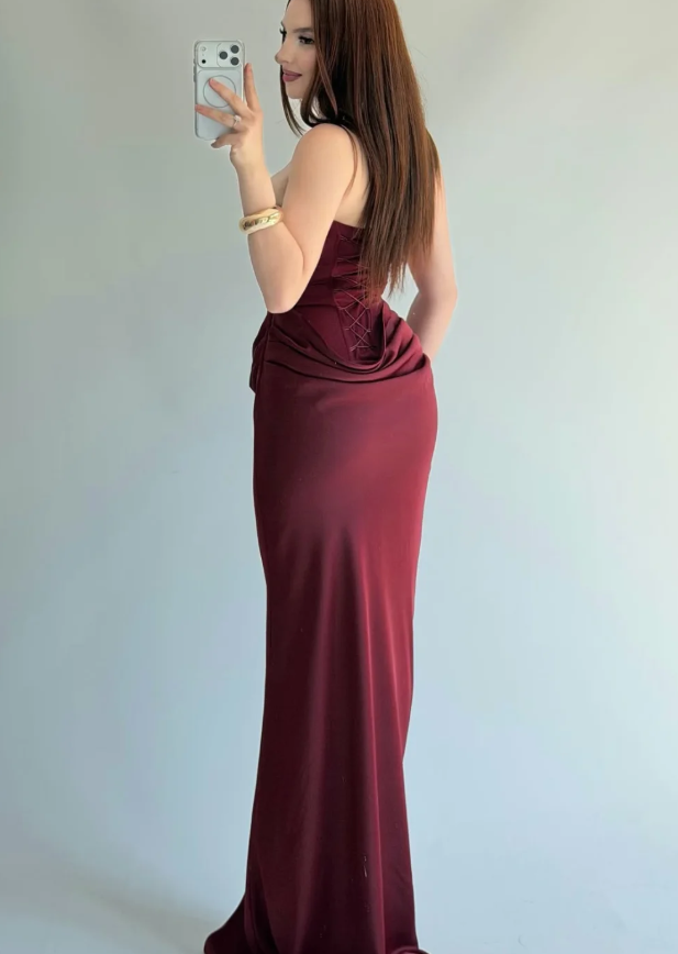 Elegant Sheath Strapless Burgundy Satin Long Prom Dress Evening Dress SH7296