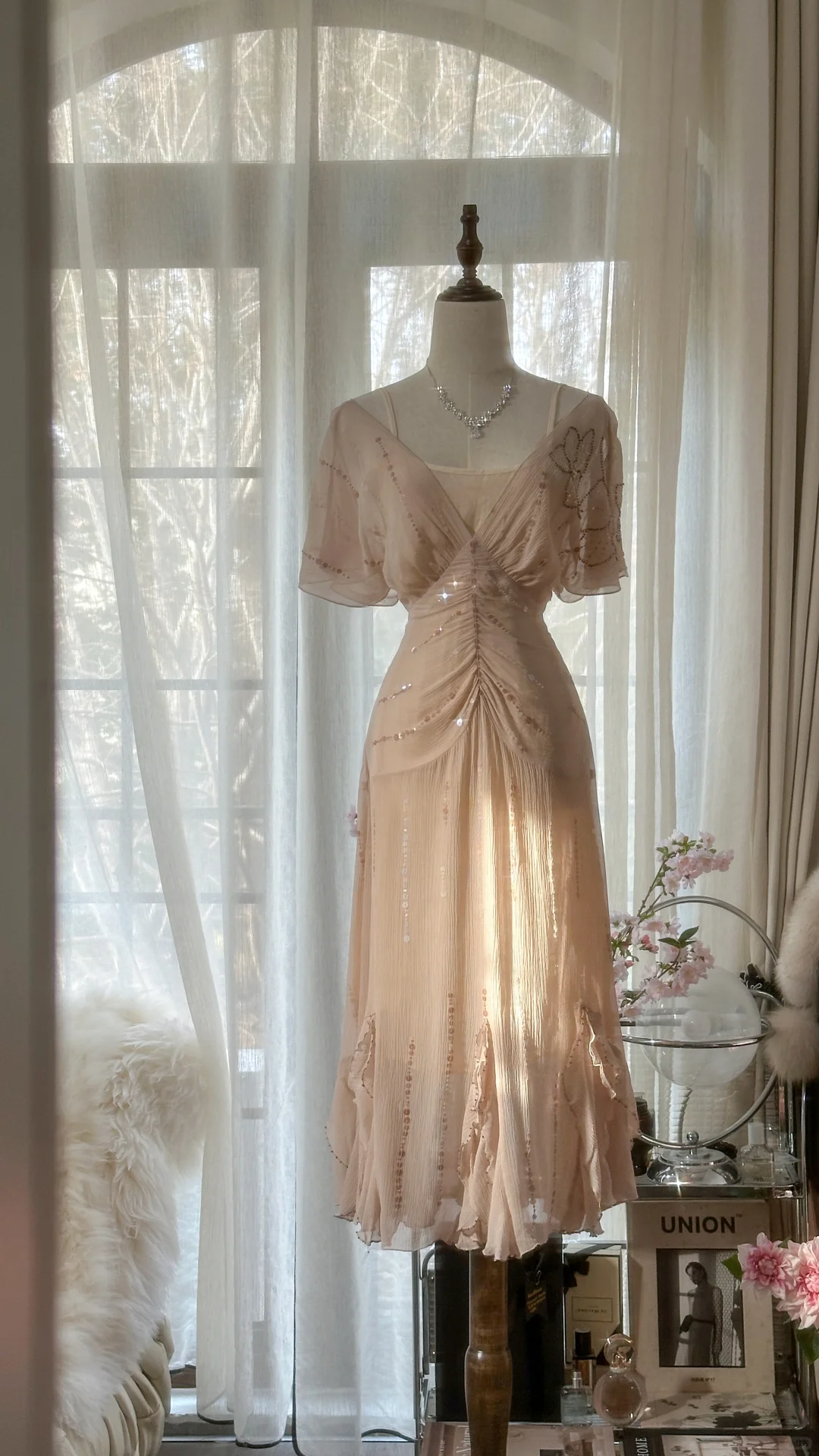 Gentle A Line V Neck Sequin Chiffon Party Dress Wedding Guest Dress SH2957
