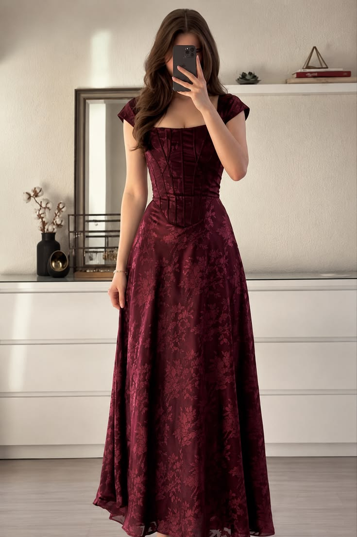 Elegant Burgundy A Line Straps Corset Print Chiffon Long Prom Dress Date Dress SH7004