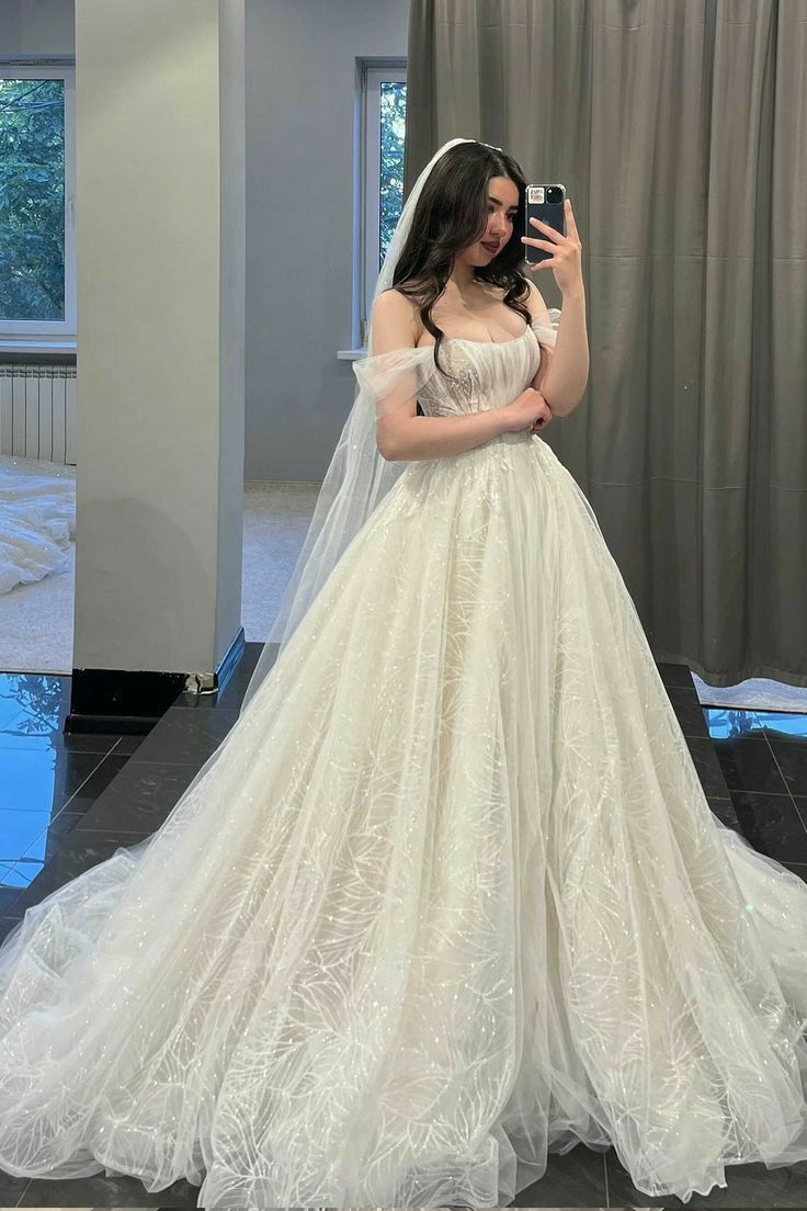 Stunning A Line Off the Shoulder Exquisite Sequin Tulle Long Wedding Dress SH8731