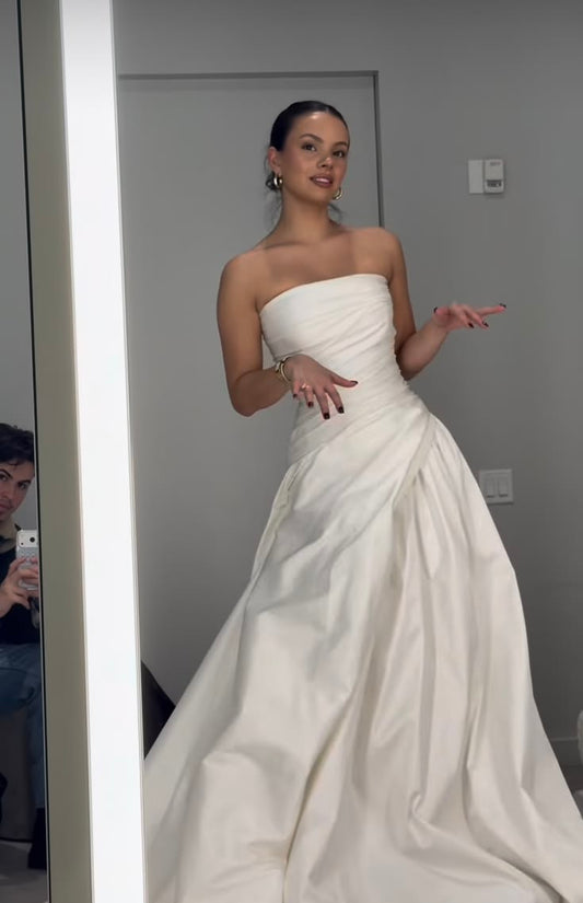 Cute A Line Strapless White Pleated Satin Long Wedding Dress SH8702