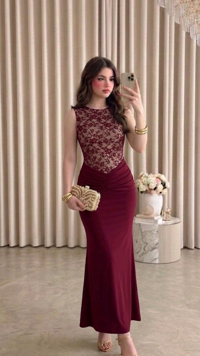 Burgundy Mermaid Round Neck Lace Satin Prom Dress Evening Dress SH7589