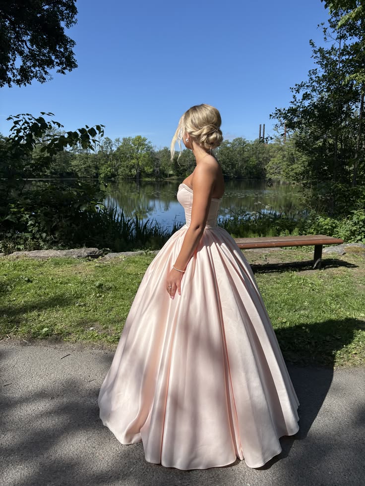 Sweety Light Pink A Line Strapless Pearl Satin Long Prom Dress Evening Dress SH6631