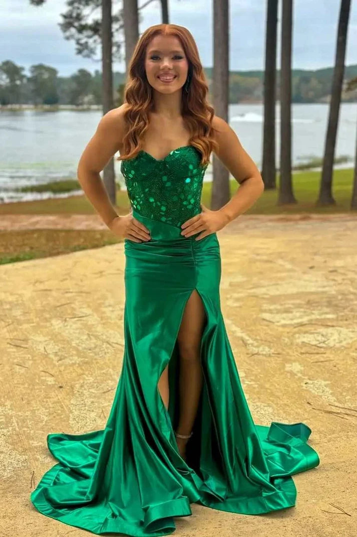 Green Strapless Mirror-Cut Sequins Mermaid Long Prom Dress SH8186