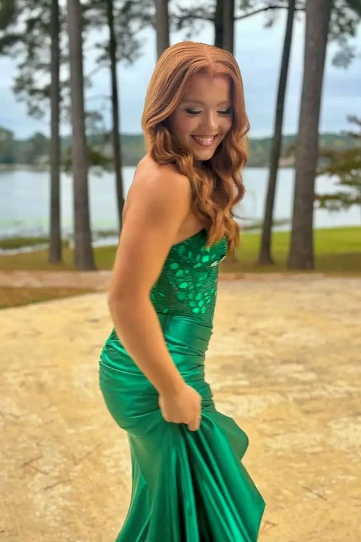 Green Strapless Mirror-Cut Sequins Mermaid Long Prom Dress SH8186