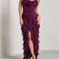 Burgundy Brick Sheath Spaghetti Straps Layered Chiffon Long Prom Dress Evening Dress with Slit SH3650